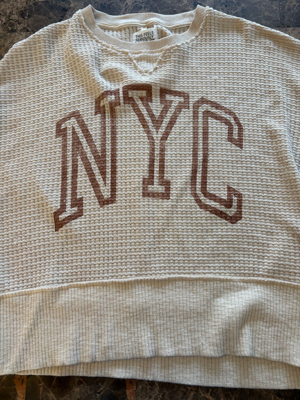 American Eagle Outfitters Cream Waffle-Knit Crewneck with Brown NYC Graphic - Picture 2 of 4